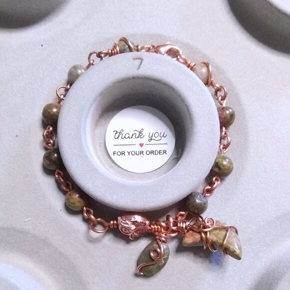 Hand Crafted! Unakite Jasper & Copper Owl + Wire Wrapped Unakite Moon Bracelet - Picture 11 of 13